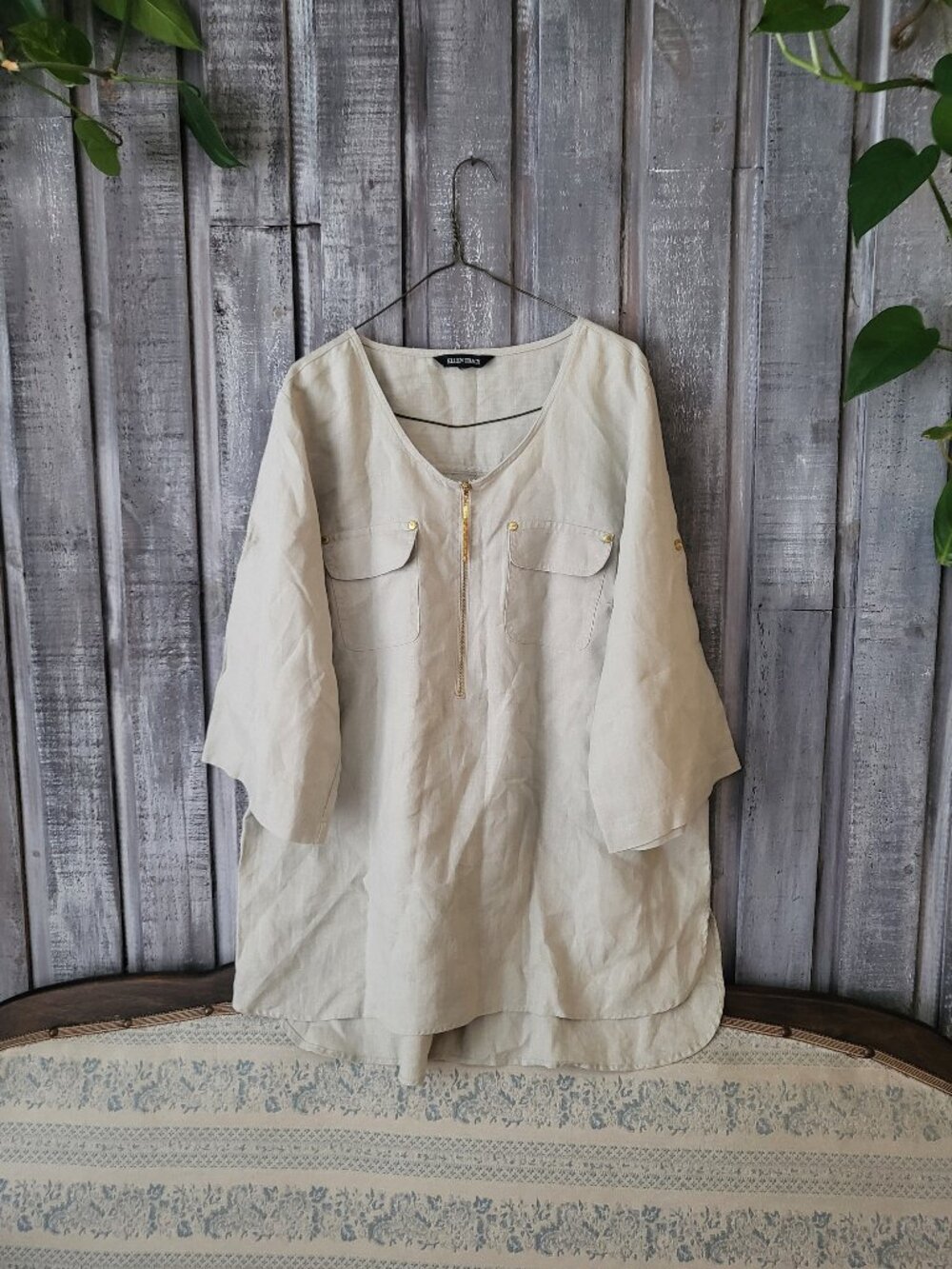 Ellen Tracy Women Linen Half Zip Tunic Blouse Beige Roll Tab Sleeve Size L